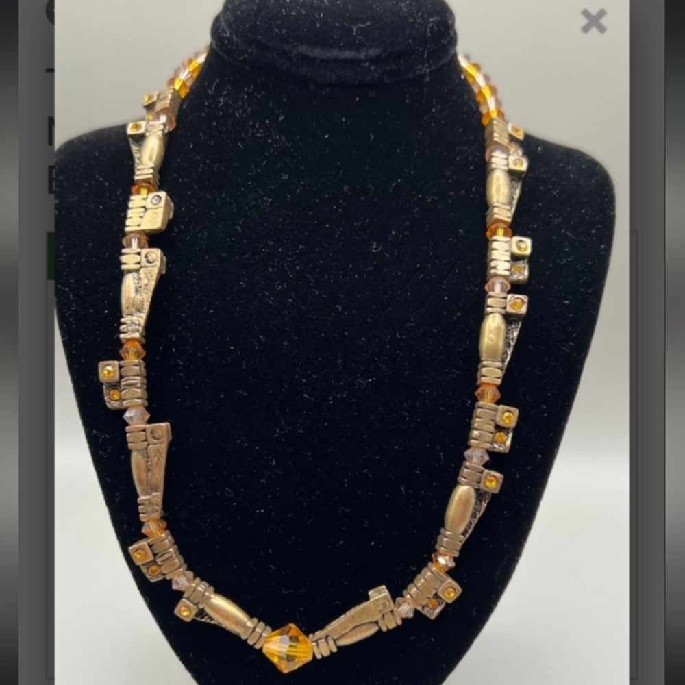 Thelma Paris Fall Colors, Abstract Necklace Metal with Orange Beads.